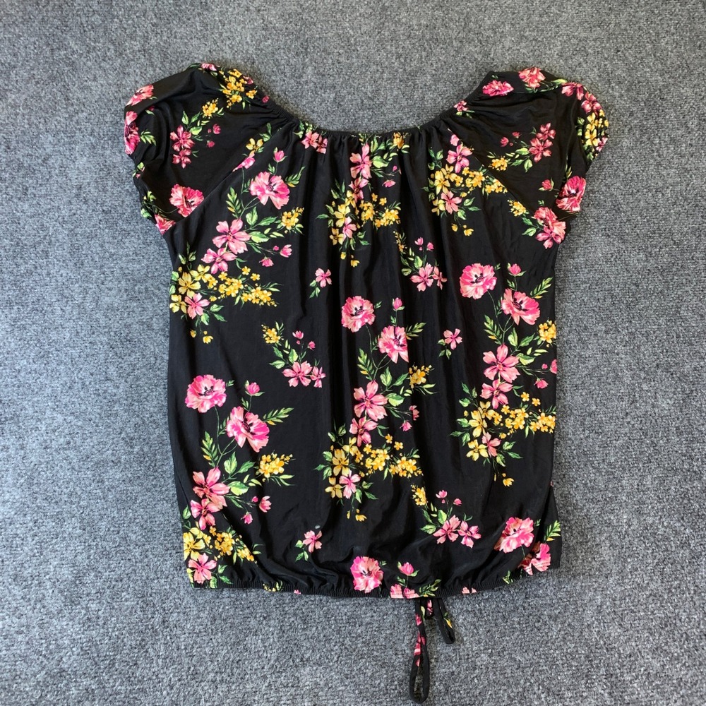 Lavish Floral Blouse Womens XL Black Elastic Hem Button Front Cap Sleeve
